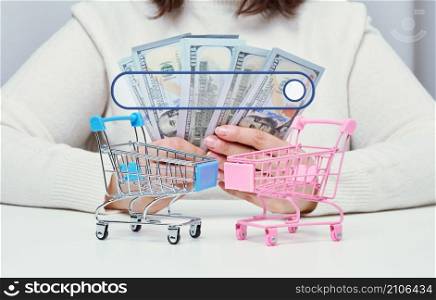a woman is holding American paper dollars in her hands and two miniature shopping carts on the table. The concept of the start of sales in online stores, the search for a profitable offer