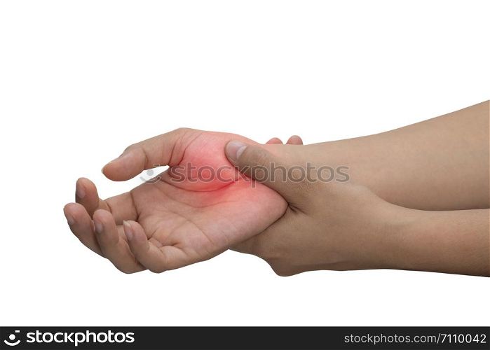 A woman massaging her painful hand isolated on a white background with red color on hand.