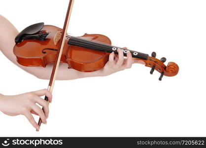 A woman's hand holding and playing the violin in a close up image,horizontal , isolated for white background