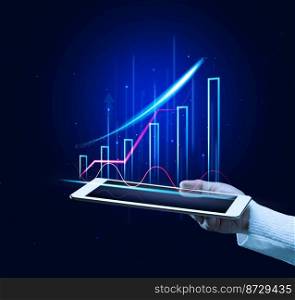 A woman’s hand holds a tablet with a holographic chart on a blue background. Sales growth, high profit. Rising prices for products. Effective Sales