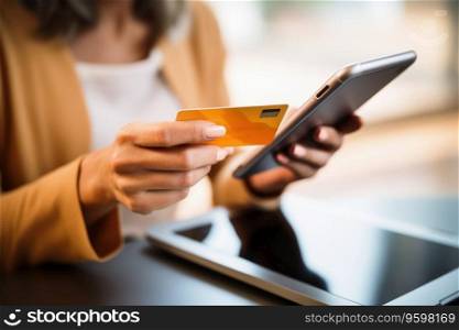 A woman shopping online with laptop and credit card