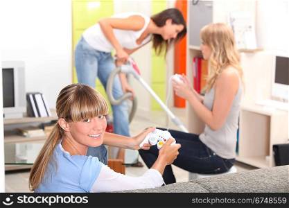 a woman vacuuming a
