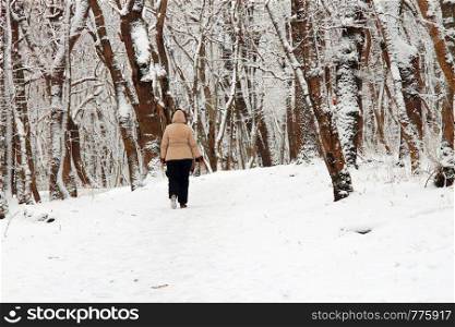 A Woman walk away alone in the winter park outdoor