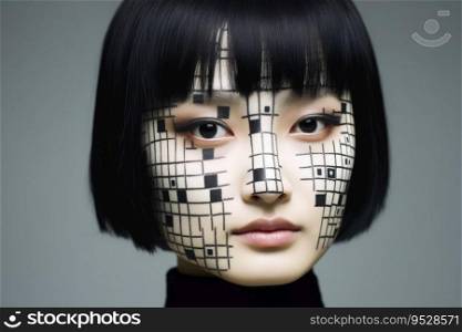 A woman with a cubic face make up created with generative AI technology
