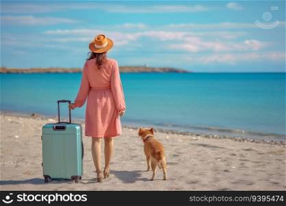 A woman with a dog and a blue suitcase is standing on the beach and looking towards the sea, generative ai