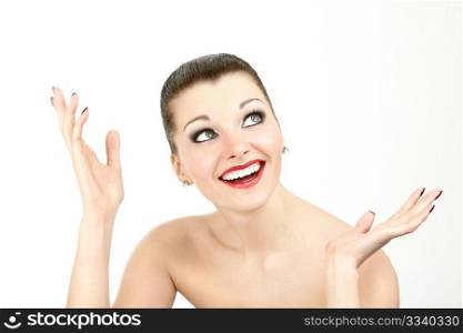 A woman with an expression of excitement and surprise on her face