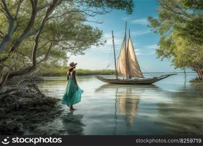 A woman with wooden sailboat as it on the crystal turquoise waters, past beaches fringed with coconut palms and mangroves. A sense of peace and harmony with nature pervades the images. Generative AI