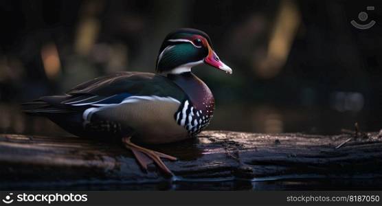 A wood duck bird portrait. Blurry background. Generative AI.. A wood duck bird portrait. Blurry background. Generative AI