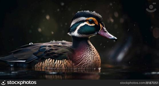 A wood duck bird portrait. Blurry background. Generative AI.. A wood duck bird portrait. Blurry background. Generative AI