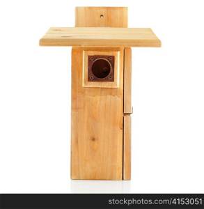 a wooden bird house on white background