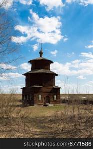 A wooden church was built in a field, outdoors shot, Kostroma, Russia