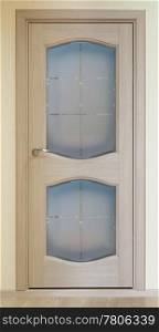 a wooden door with two glass inserts
