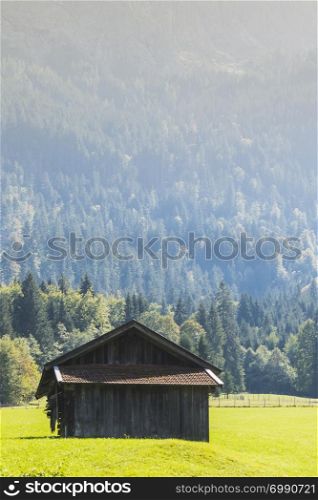 A wooden hut near a forest