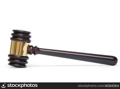 A wooden judge gavel and soundboard isolated on white background