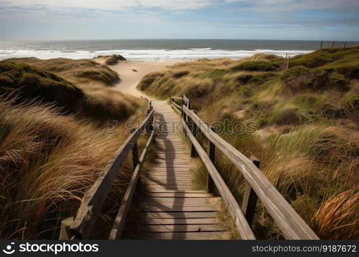 A wooden path to the ocean beach past tall grass during sunset created with generative AI technology