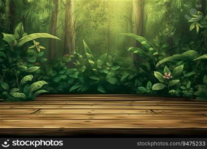 A wooden platform with a large leafy green background