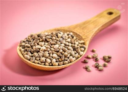 a wooden spoon of organic dried hemp seeds against pink background
