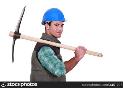 A worker holding a pickaxe.