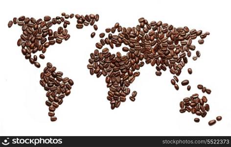 A world map made of roasted coffee beans showing that people drink coffee worldwide.