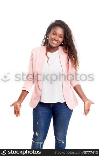 A worried young african woman, isolated over white