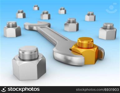 A wrench and a gold nut on the background of other nuts. 3d rendering.