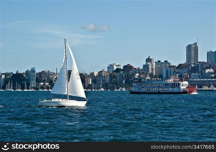 a yacht sails peacfully around sydney harbour. sail away
