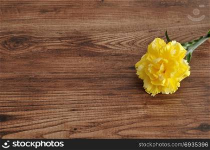 A yellow artificial carnation on a wooden background