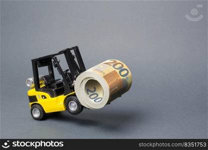 A yellow loader stands on the rear wheels holding a big roll bundle of Euro. concept of attracting investment, issuing concessional loans for business development. High profitability of stock bonds