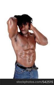 A young African American male standing shirtless with his hands on his head showing his muscular body, isolated for white background