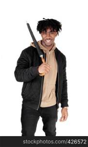 A young African American man in jeans and a sweater standing in theStudio caring an black umbrella, isolated for white background