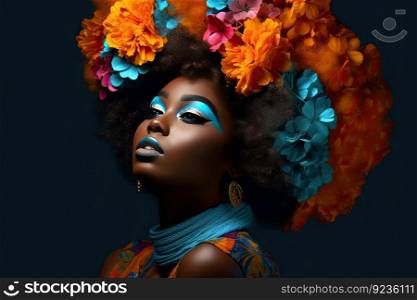 A young african woman with colorful makeup sits in a dark room, inspired by pop art and flower power with dark orange and light azure tones. Perfect for contemporary design by generative AI