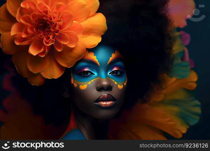 A young african woman with colorful makeup sits in a dark room, inspired by pop art and flower power with dark orange and light azure tones. Perfect for contemporary design by generative AI