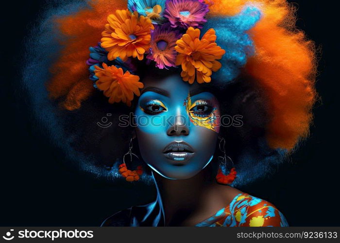 A young african woman with colorful makeup sits in a dark room, inspired by pop art and flower power with dark orange and light azure tones. Perfect for contemporary design by generative AI