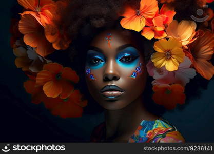 A young african woman with colorful makeup sits in a dark room, inspired by pop art and flower power with dark orange and light azure tones. Perfect for contemporary design by generative AI