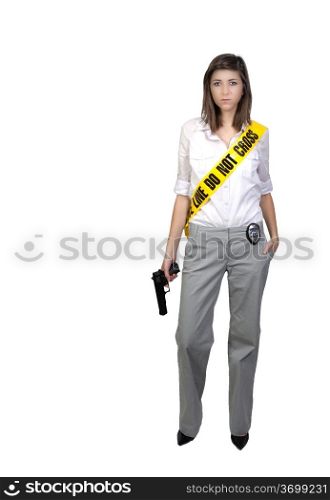 A young and beautiful woman holding a handgun wearing police line tape as a sash