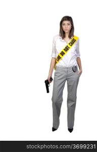 A young and beautiful woman holding a handgun wearing police line tape as a sash