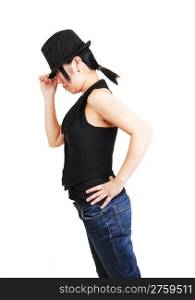 A young Asian woman with an back hat and west und jeans with short blackhair, leaning forward and holding her hat, for white background.