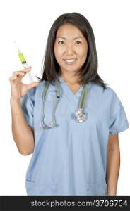 A young beautiful Asian woman doctor in scrubs with a medical syringe with medicine