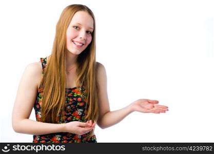 A young beautiful girl showing something with two hands