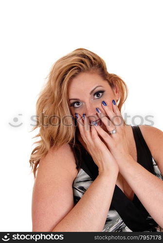 A young beautiful woman holding her finger on her face with her bluefingernails, isolated for white background.