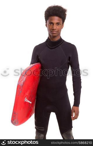 A young black bodyboarder posing in studio