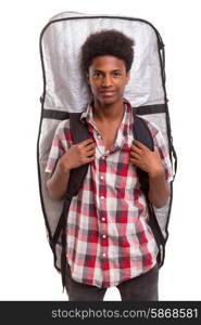 A young black bodyboarder posing in studio