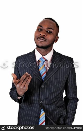 A young black business man standing in a suit and tie, gesturing withhis hands for white background.