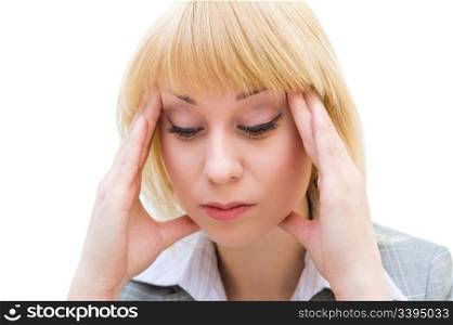 a young blonde woman suffers from headache