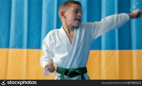 A young boy doing karate moves