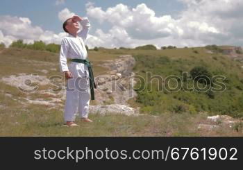 A young boy doing karate moves.