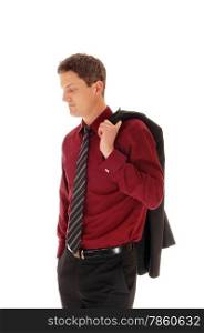 A young business man in a burgundy shirt and tie with his jacket overhis shoulder, standing isolated for white background.