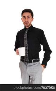 A young businessman standing isolated for white background holdinga coffee cup in his hand.
