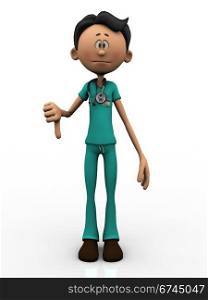 A young cartoon doctor, wearing a stethoscope, doing a thumbs down. White background.. Cartoon doctor doing a thumbs down.