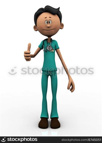 A young cartoon doctor, wearing a stethoscope, doing a thumbs up. White background.. Cartoon doctor doing a thumbs up.